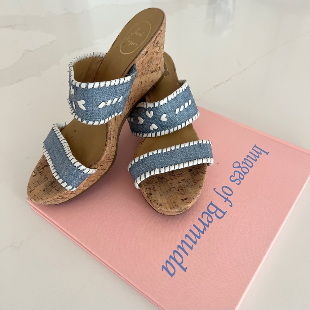 Jack Rogers Wedge Sandals Ella Cork Double Strap Coastal Blue and White Size 10 - Picture 4 of 16